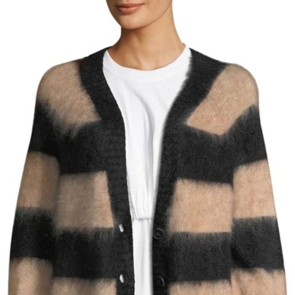 T by Alexander Wang Black and Pink Mohair Wool Blended Striped Cardigan Blazer